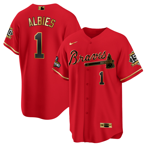 Men's Atlanta Braves #1 Ozzie Albies 2021 Red/Gold World Series Champions With 150th Anniversary Patch Cool Base Stitched Jersey